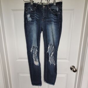 REWASH Vintage Reunion Distressed Ripped Dark Blue Wash Jeans Juniors Size 9